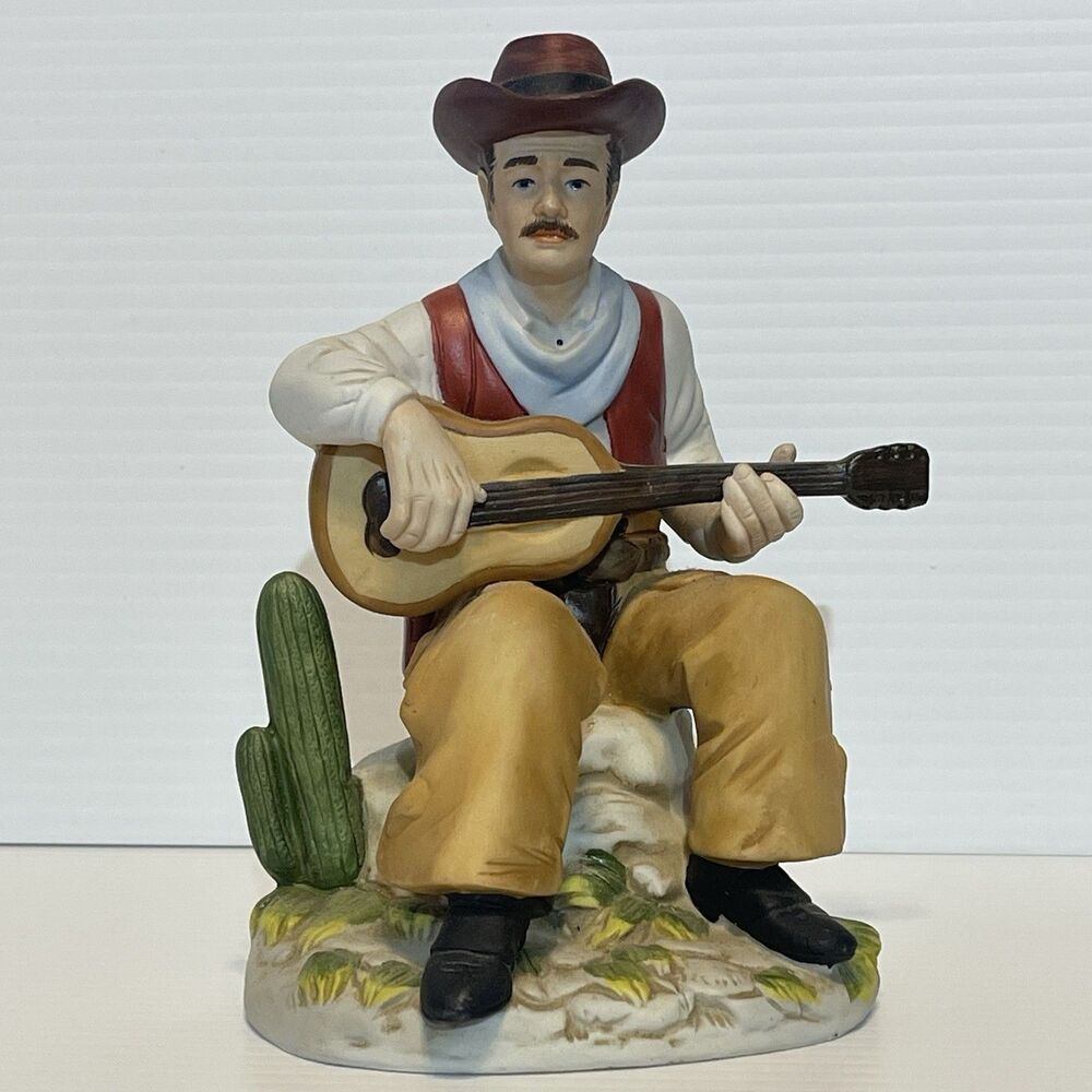 Homco 1472 Home Interior - Cowboy Playing Guitar, Rock Beside Cactus Figurine 7”